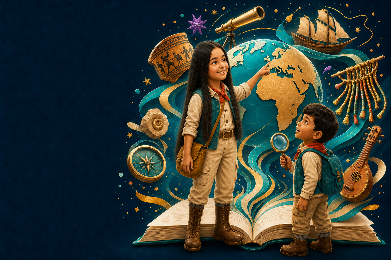 Dos hermanos exploradores observan un gran globo: la niña, más alta y de cabello largo y liso, señala el planeta mientras el niño sigue el descubrimiento con una lupa, rodeados de un telescopio, una brújula, un fósil y un libro abierto.